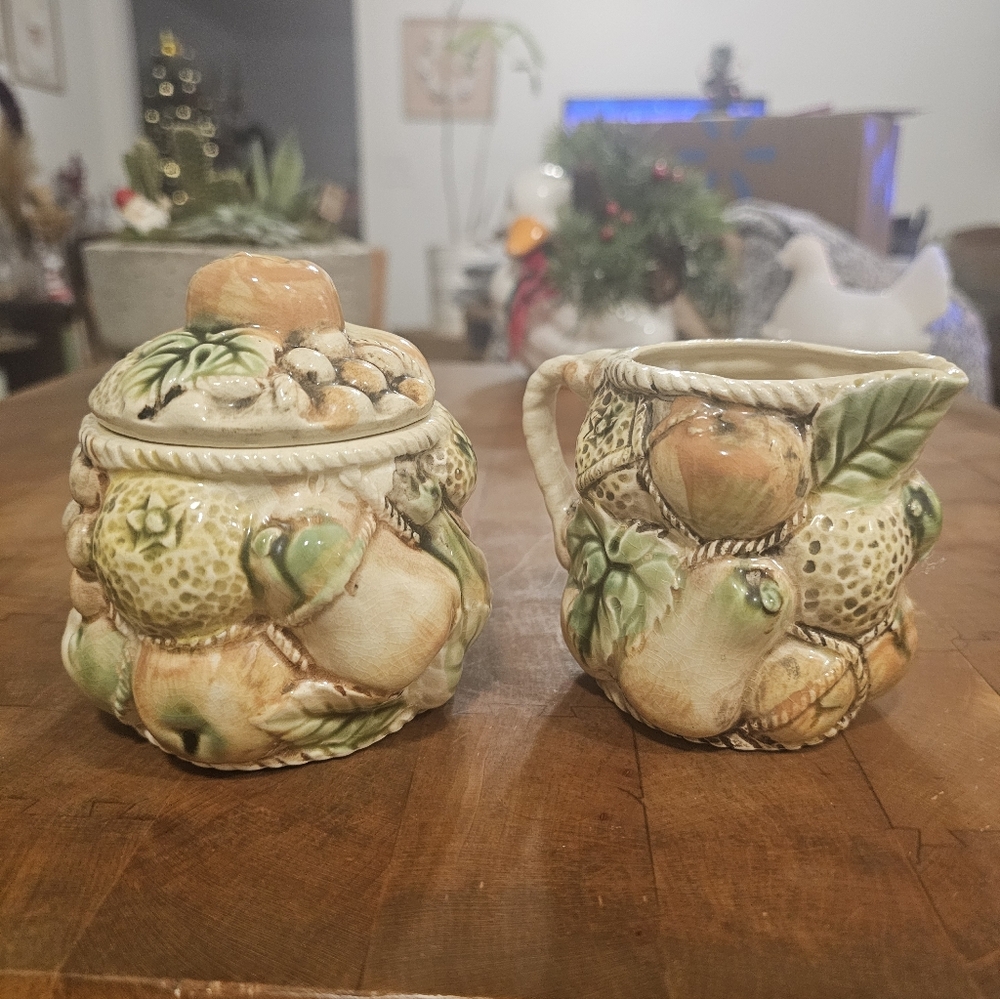 Vintage Tilso Japan Majolica Style Fruit Motif Creamer & Sugar Set, Hand Painted
